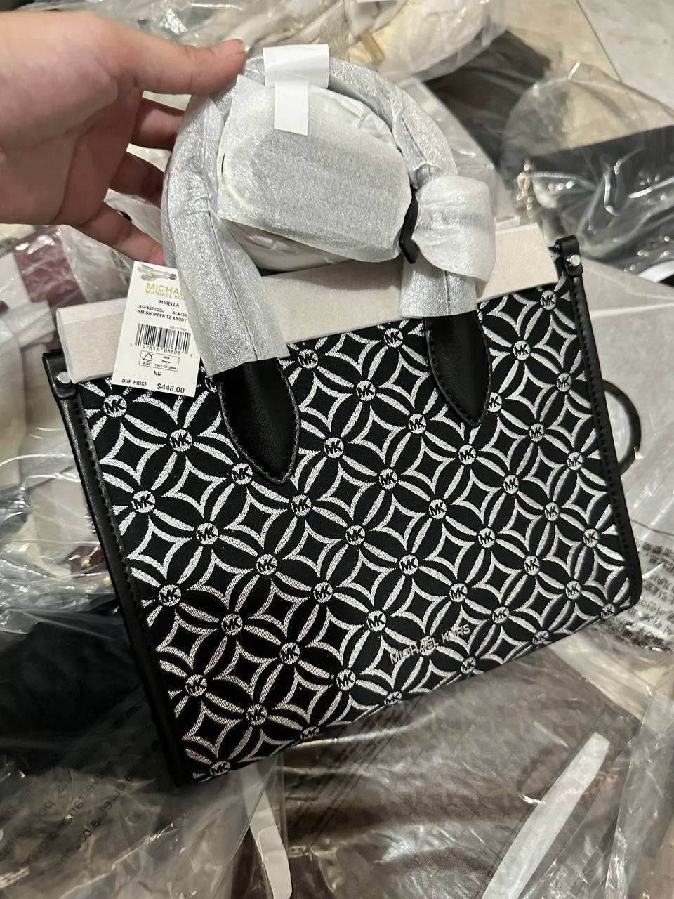 ORIG & IMPORTED MICHAEL KORS MK Small Mirella Satchel Bag Graphic Logo Glitter Black
