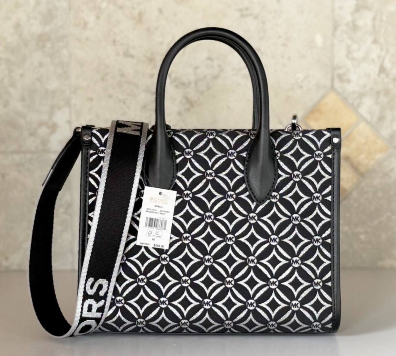 ORIG & IMPORTED MICHAEL KORS MK Small Mirella Satchel Bag Graphic Logo Glitter Black