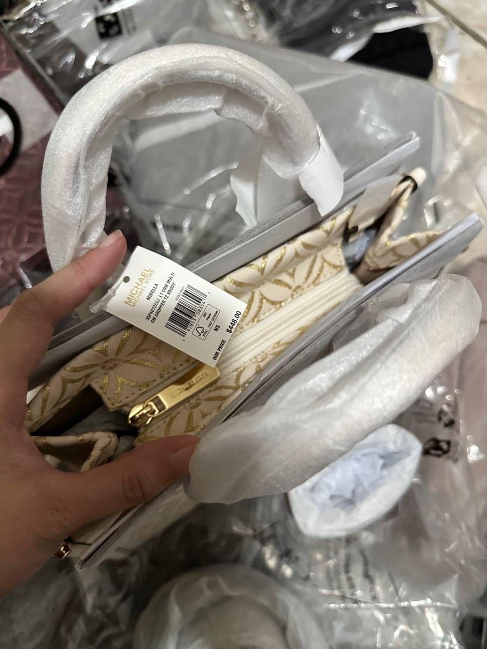 ORIG & IMPORTED MICHAEL KORS MK Small Mirella Satchel Bag Graphic Logo Glitter Ivory White