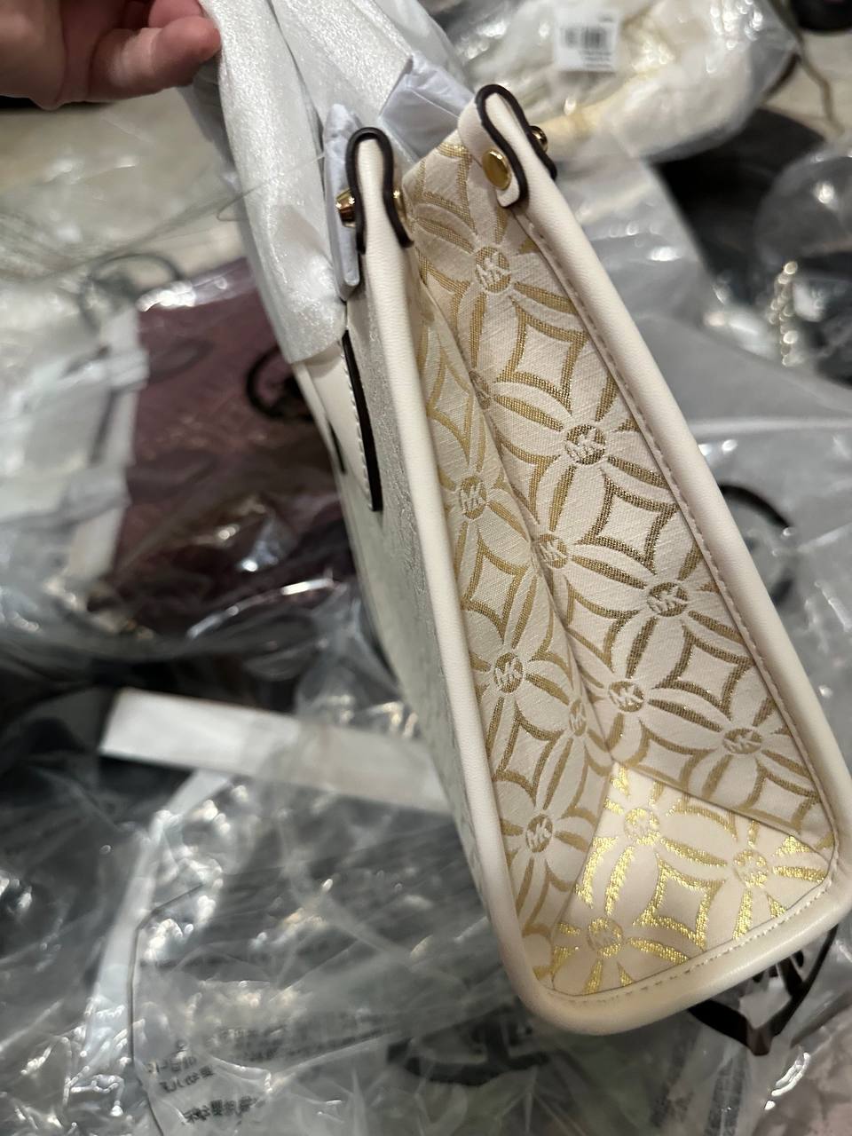 ORIG & IMPORTED MICHAEL KORS MK Small Mirella Satchel Bag Graphic Logo Glitter Ivory White
