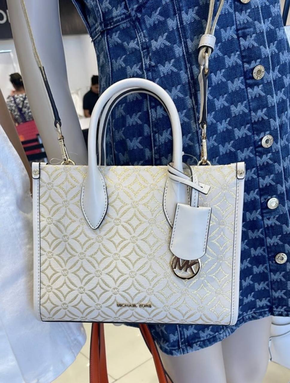 ORIG & IMPORTED MICHAEL KORS MK Small Mirella Satchel Bag Graphic Logo Glitter Ivory White