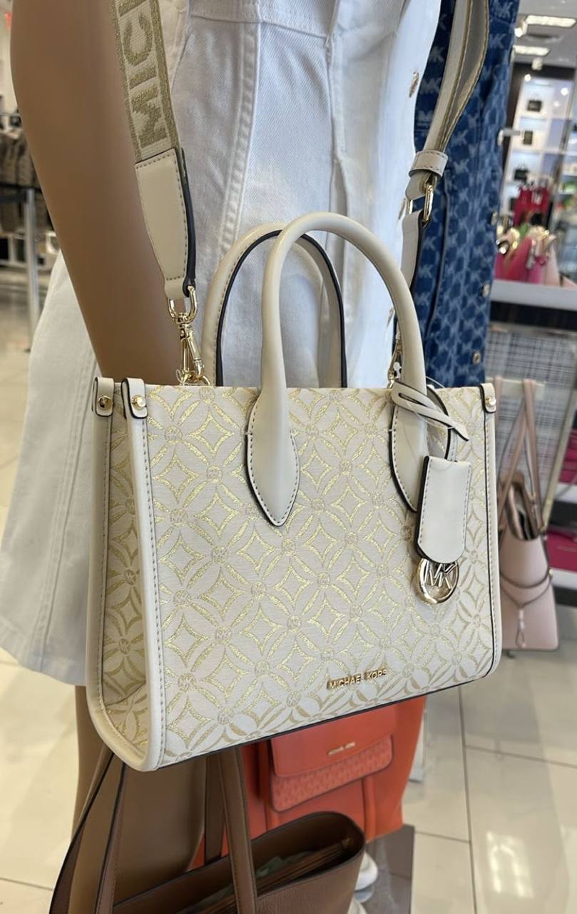 ORIG & IMPORTED MICHAEL KORS MK Small Mirella Satchel Bag Graphic Logo Glitter Ivory White
