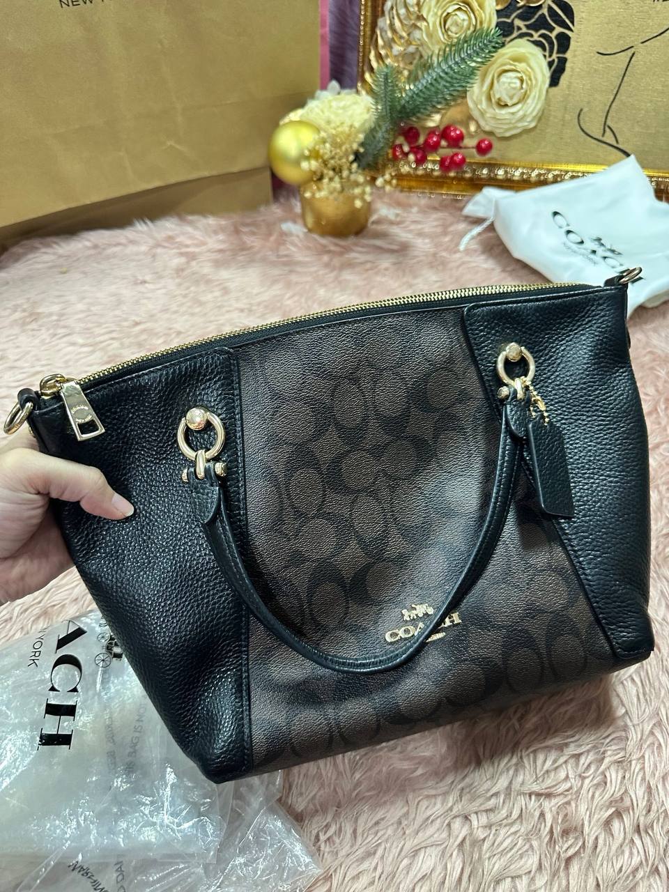 ORIG Preloved COACH Kacey Satchel Medium bag Signature Brown Black