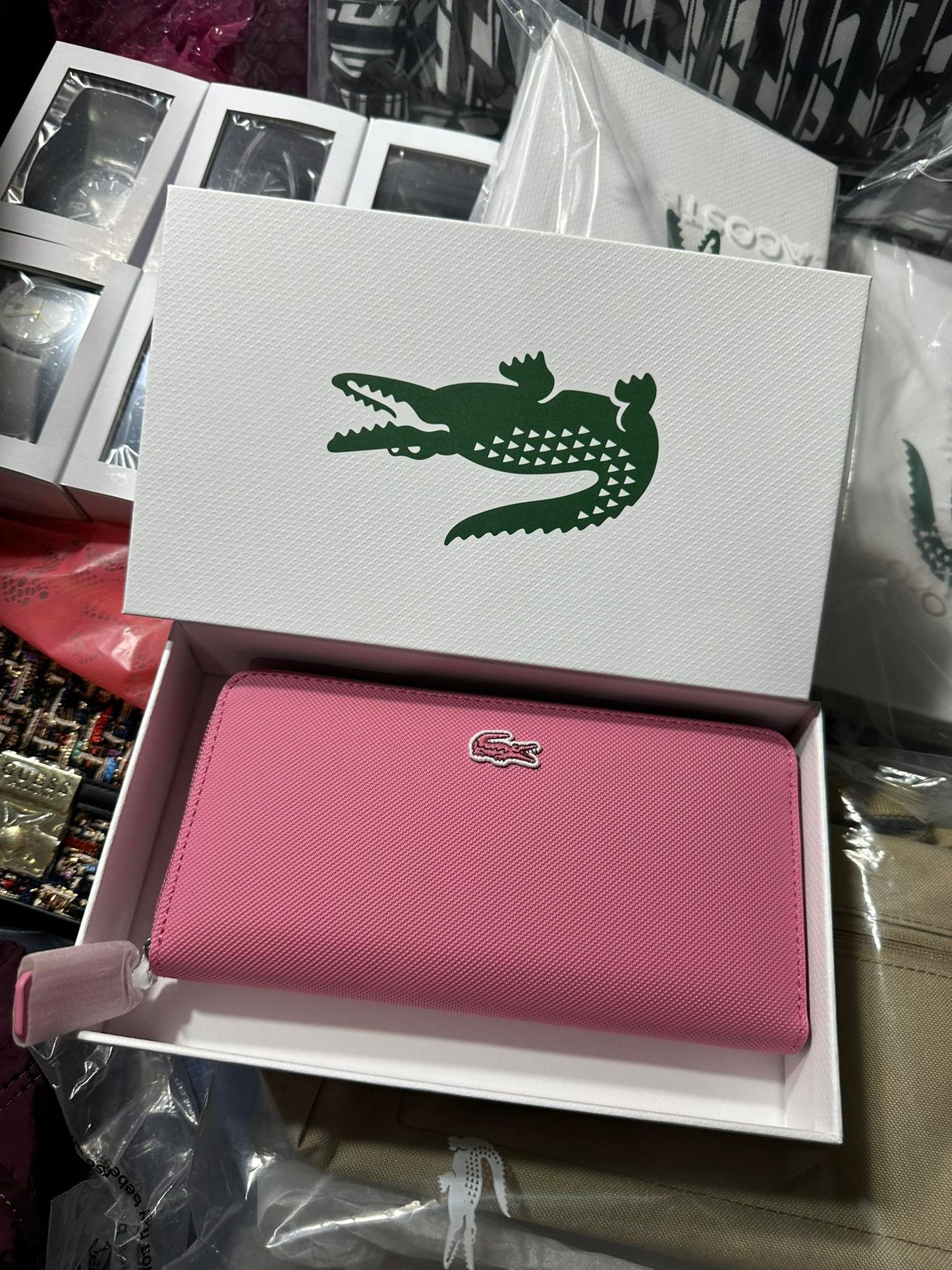 AUTHENTIC/ORIGINAL Lacoste Concept 12 Card Zip Long Wallet Pink / Beige