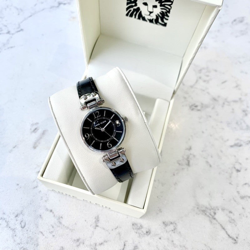AUTHENTIC AK Klein Women's Silver-Tone Black Dial and Black Leather Strap 10-9443BKBK