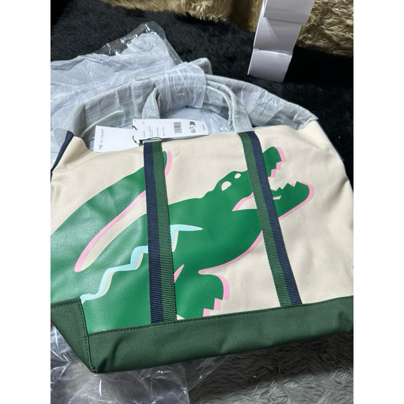 LCT Large Shopper Tote Bag Crocodile Print Green/Beige