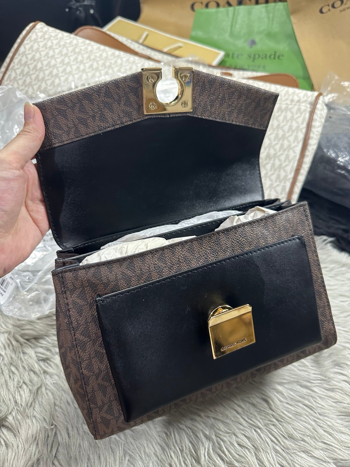 AUTHENTIC/ORIGINAL Preloved MK Lita Medium Two-Tone Logo Crossbody Bag Brown/Black