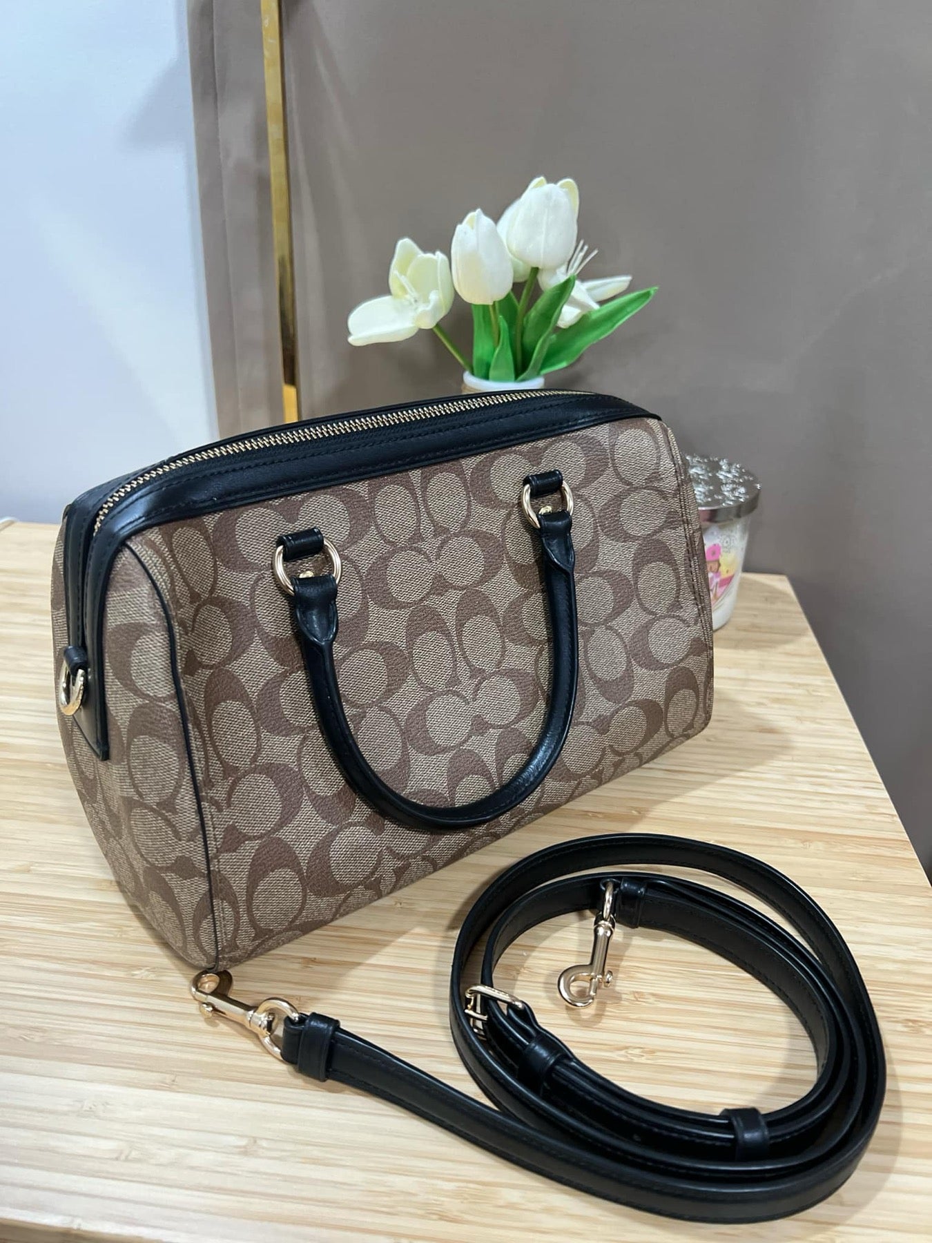 AUTHENTIC/ORIGINAL Preloved Coach Rowan Satchel Bag in Khaki Black