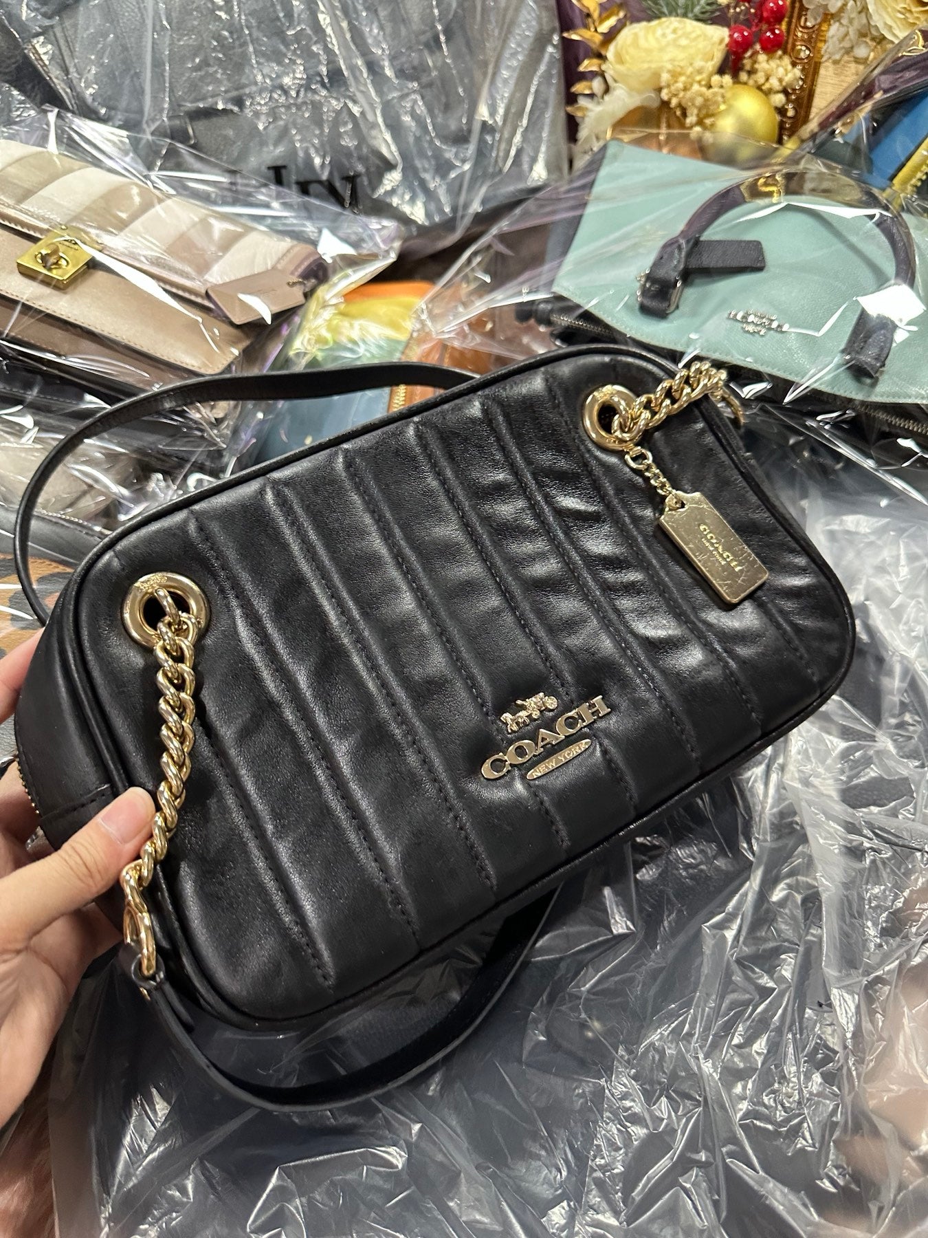 ORIG Preloved COACH Cammie Chain Shoulder Bag With Linear Quilting Black