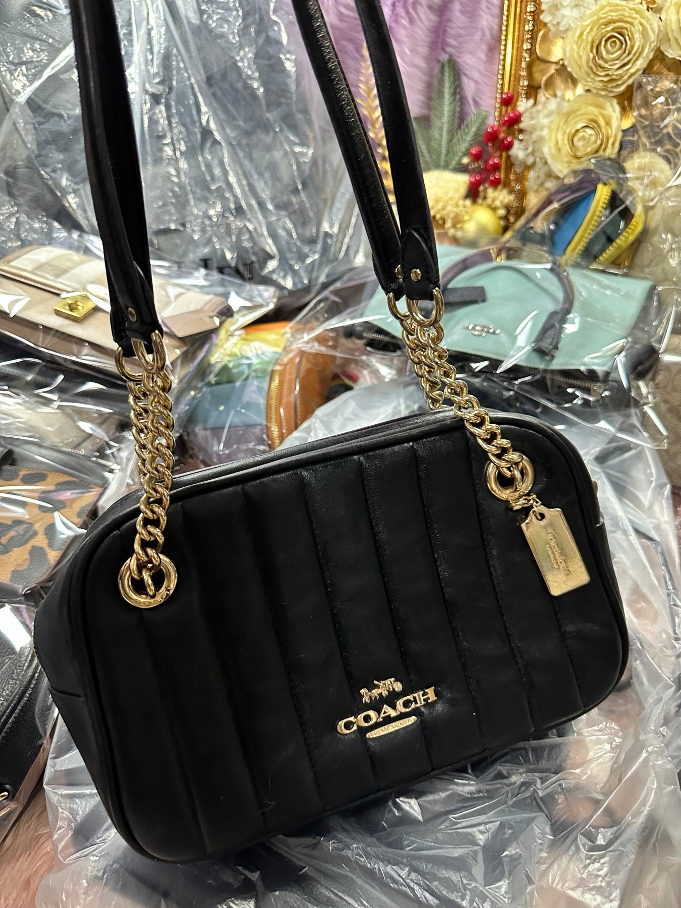 ORIG Preloved COACH Cammie Chain Shoulder Bag With Linear Quilting Black