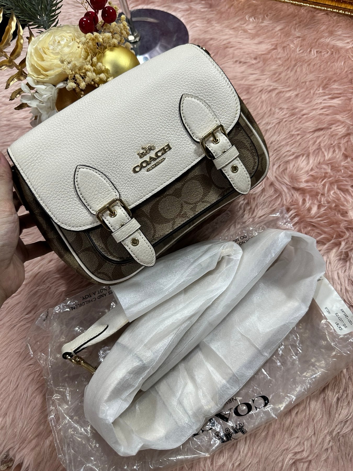 ORIG Preloved COACH RARE Lucy Crossbody Medium Flap Bag Khaki/White