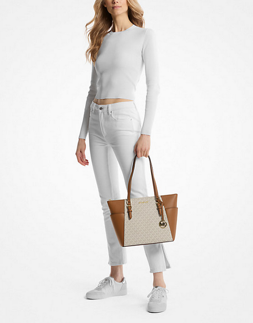 ORIG & IMPORTED MK Charlotte Large Logo and Leather Top-Zip Tote Bag Brown Vanilla White