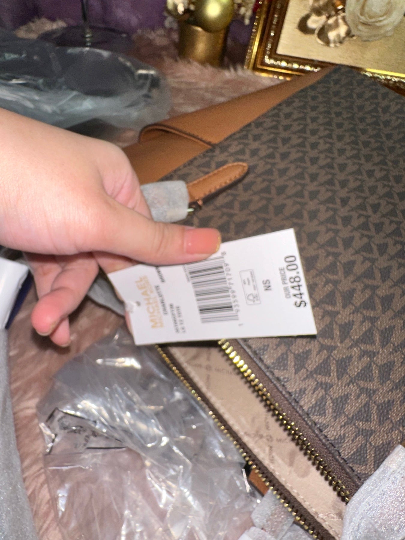ORIG & IMPORTED MK Charlotte Large Logo and Leather Top-Zip Tote Bag Brown Vanilla White