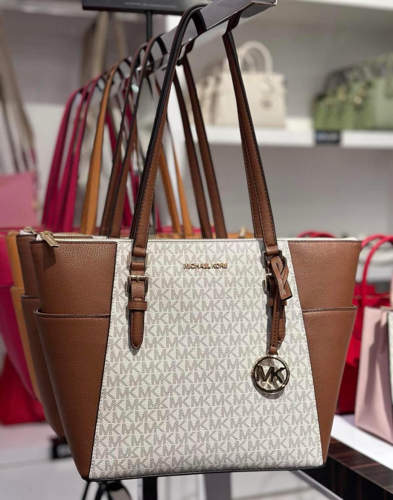 ORIG & IMPORTED MK Charlotte Large Logo and Leather Top-Zip Tote Bag Brown Vanilla White