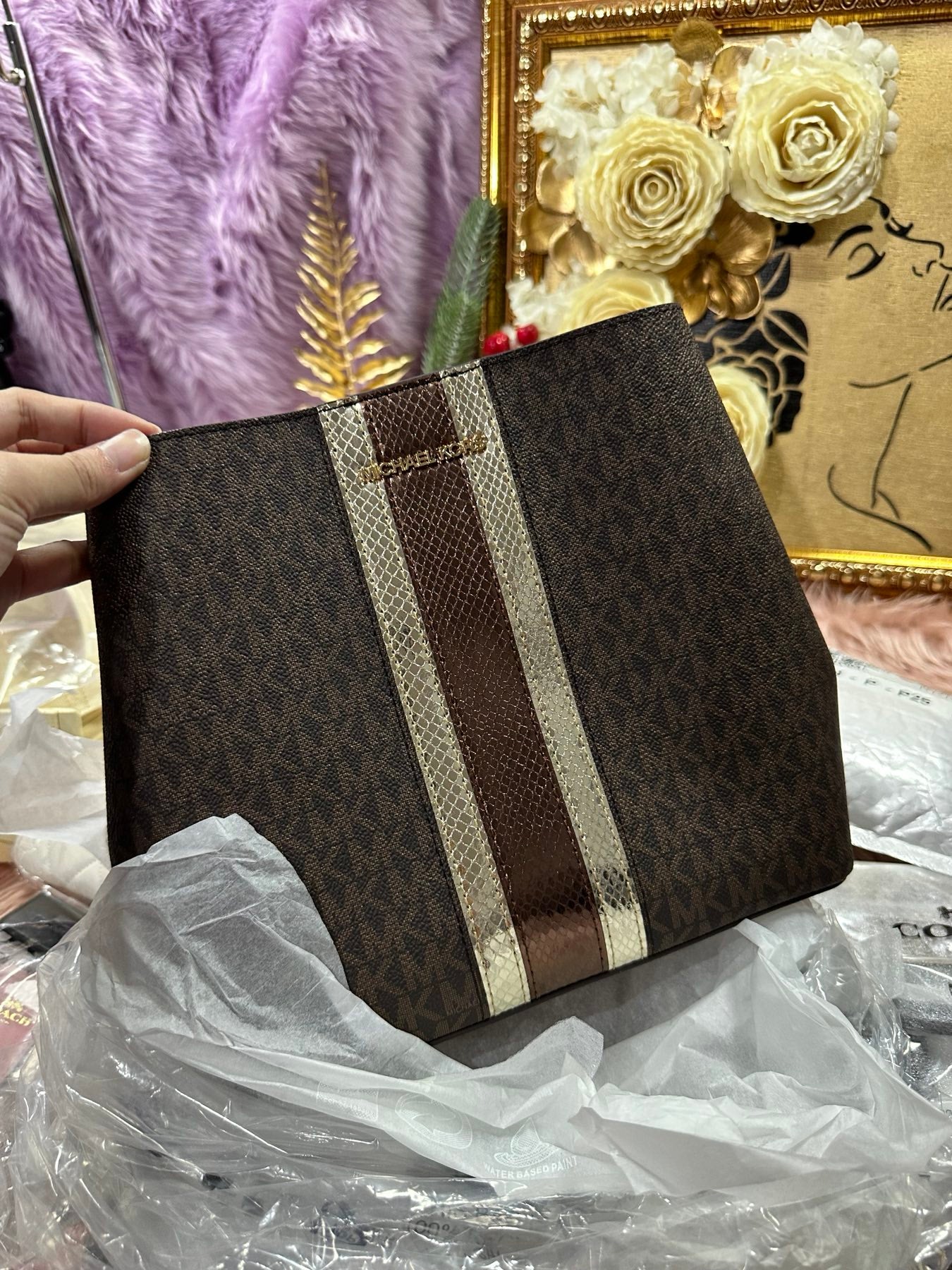 ORIG & IMPORTED MK Pratt Medium Signature Logo and Metallic Shoulder Bag Brown
