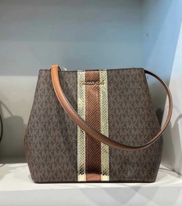 ORIG & IMPORTED MK Pratt Medium Signature Logo and Metallic Shoulder Bag Brown