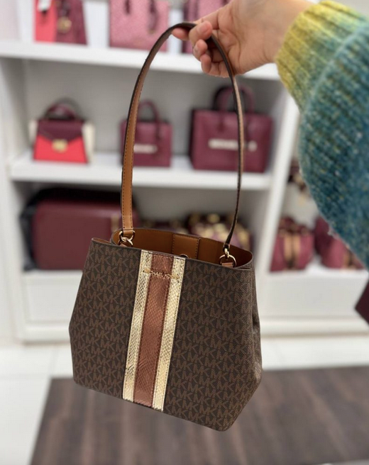 ORIG & IMPORTED MK Pratt Medium Signature Logo and Metallic Shoulder Bag Brown