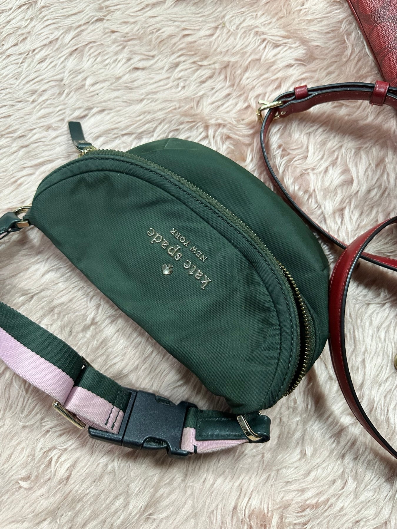 ORIG Preloved KS Watson Lane Varsity Stripe Betty Mini Belt Nylon Bag Green