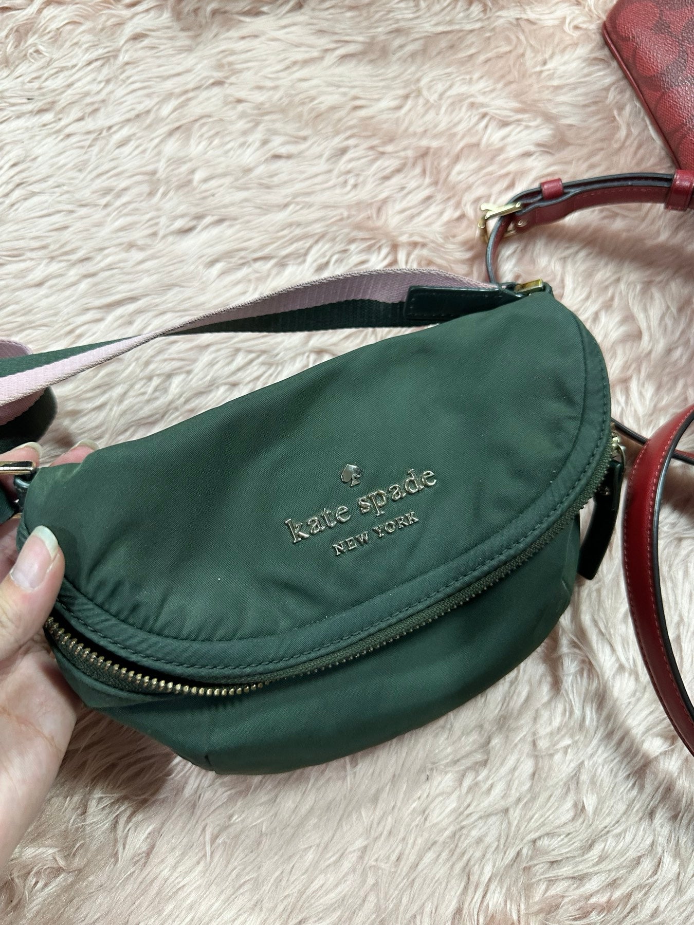 ORIG Preloved KS Watson Lane Varsity Stripe Betty Mini Belt Nylon Bag Green