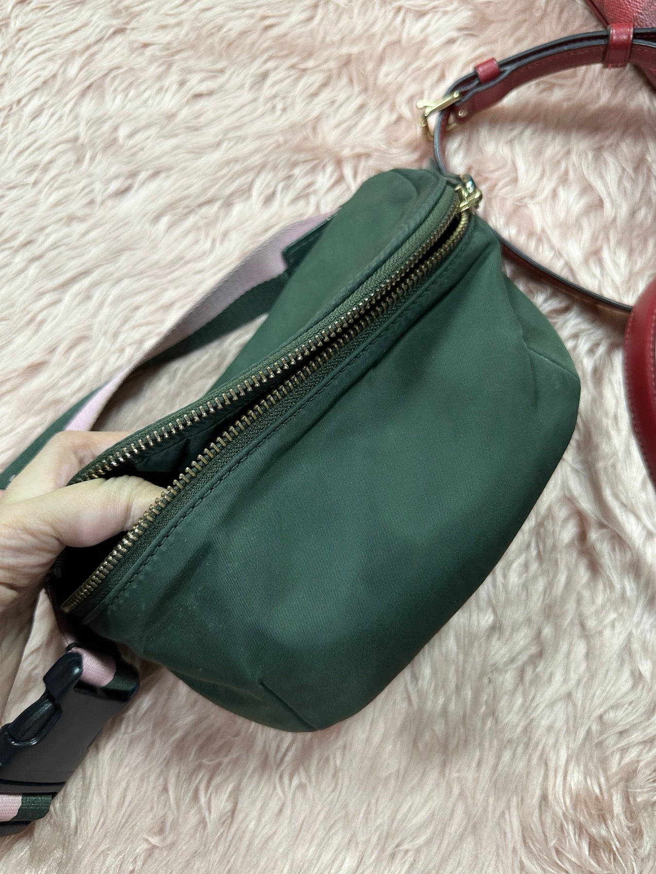 ORIG Preloved KS Watson Lane Varsity Stripe Betty Mini Belt Nylon Bag Green