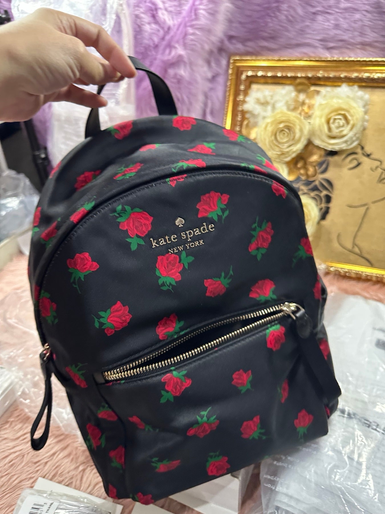ORIG & IMPORTED KS Chelsea Medium Black Nylon Backpack Rose Toss