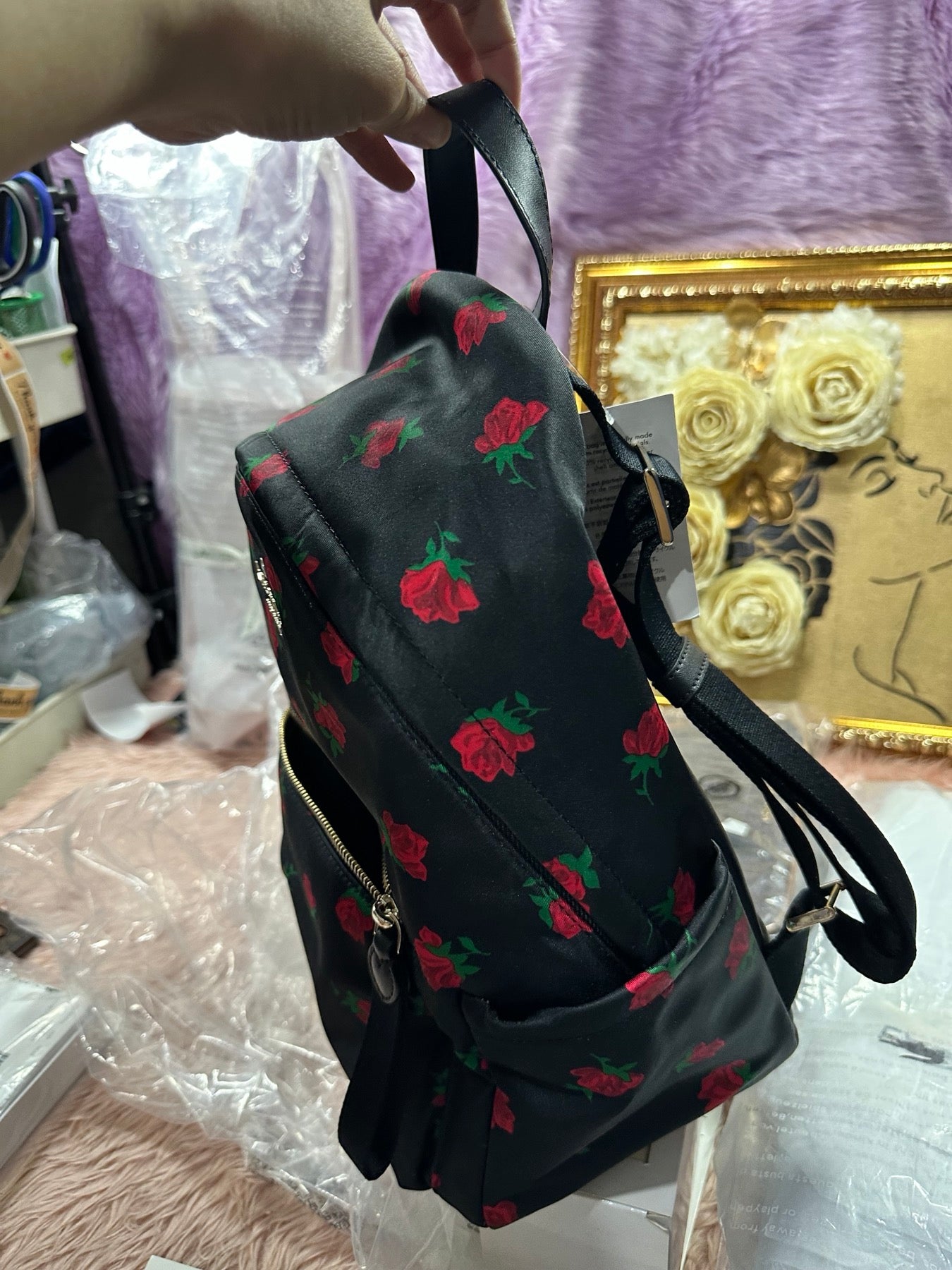 ORIG & IMPORTED KS Chelsea Medium Black Nylon Backpack Rose Toss
