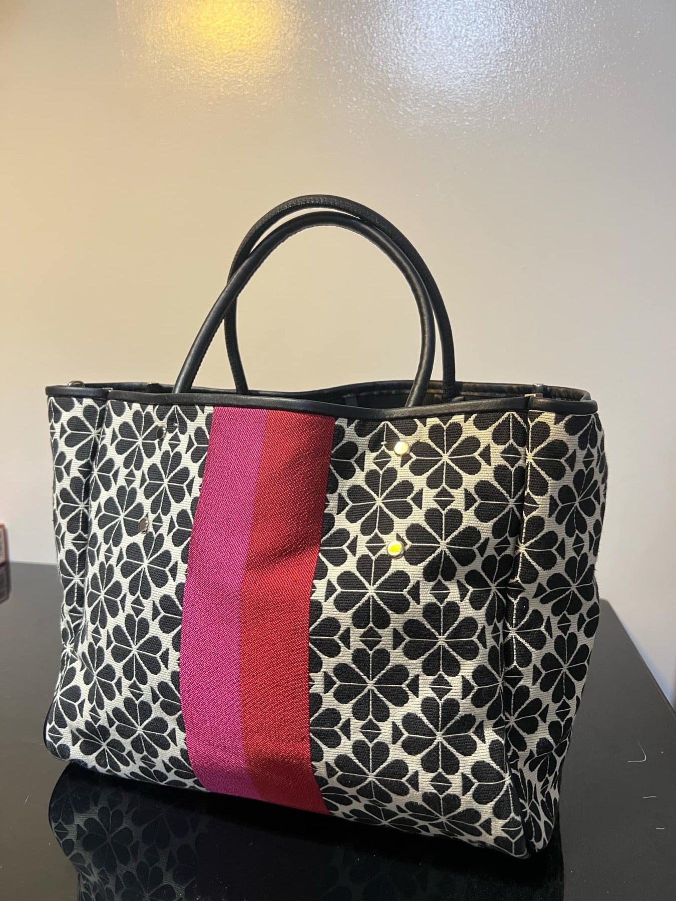ORIG Preloved KS Retail Spade Flower Jacquard Everything Stripe Medium Tote Pink Black Bag