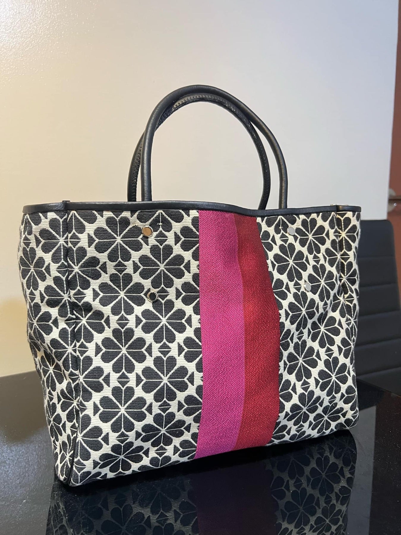 ORIG Preloved KS Retail Spade Flower Jacquard Everything Stripe Medium Tote Pink Black Bag