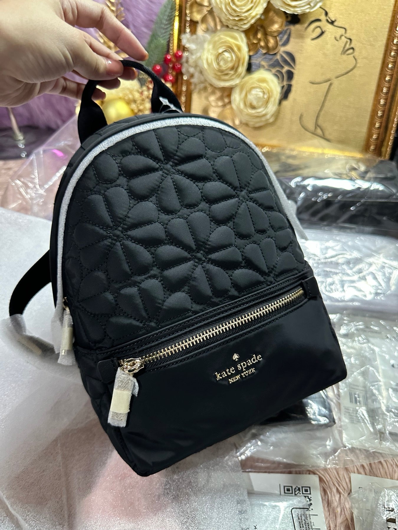 ORIG & IMPORTED KS Spade Flower Quilted Fabric Small Backpack Black Pink Grey