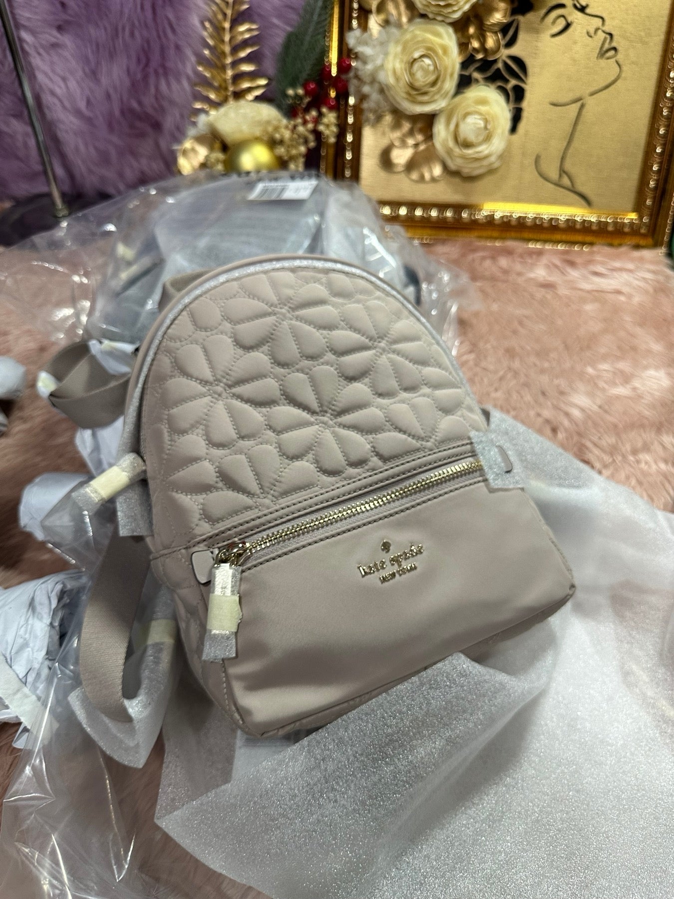ORIG & IMPORTED KS Spade Flower Quilted Fabric Small Backpack Black Pink Grey
