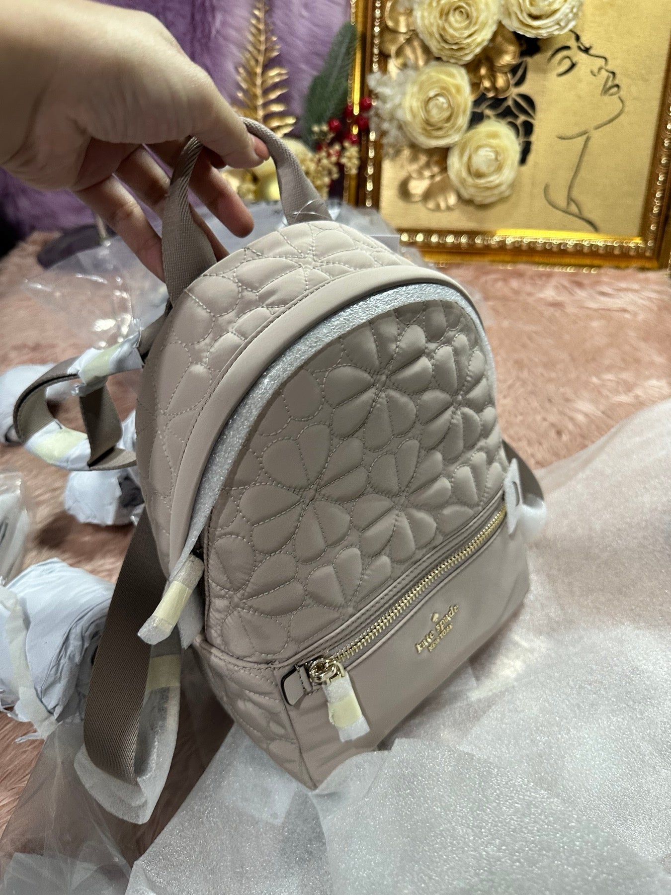 ORIG & IMPORTED KS Spade Flower Quilted Fabric Small Backpack Black Pink Grey