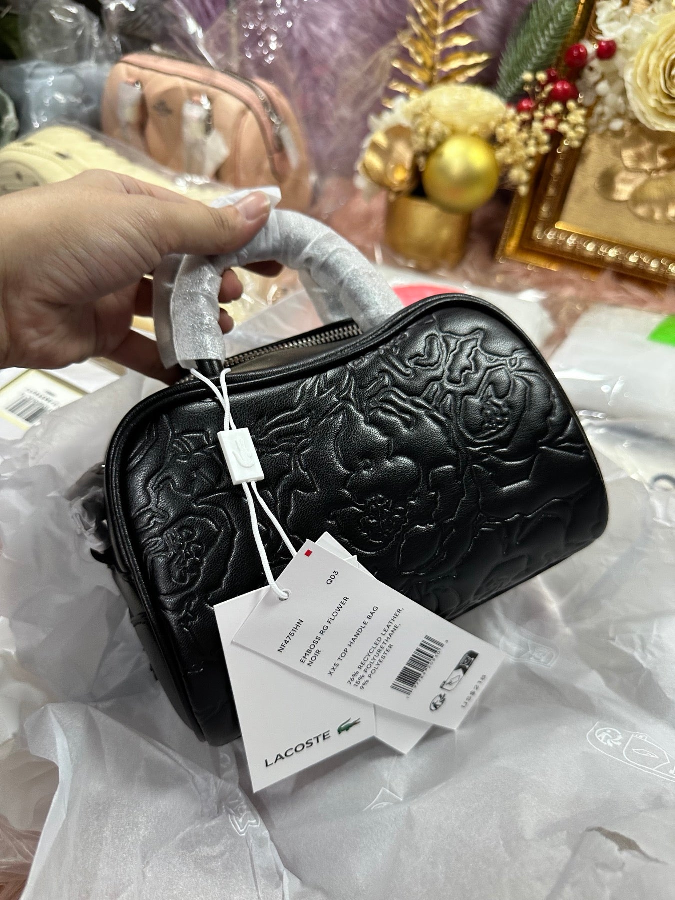 ORIG & IMPORTED LACOSTE Mini Lora Leather Bag Embossed Black
