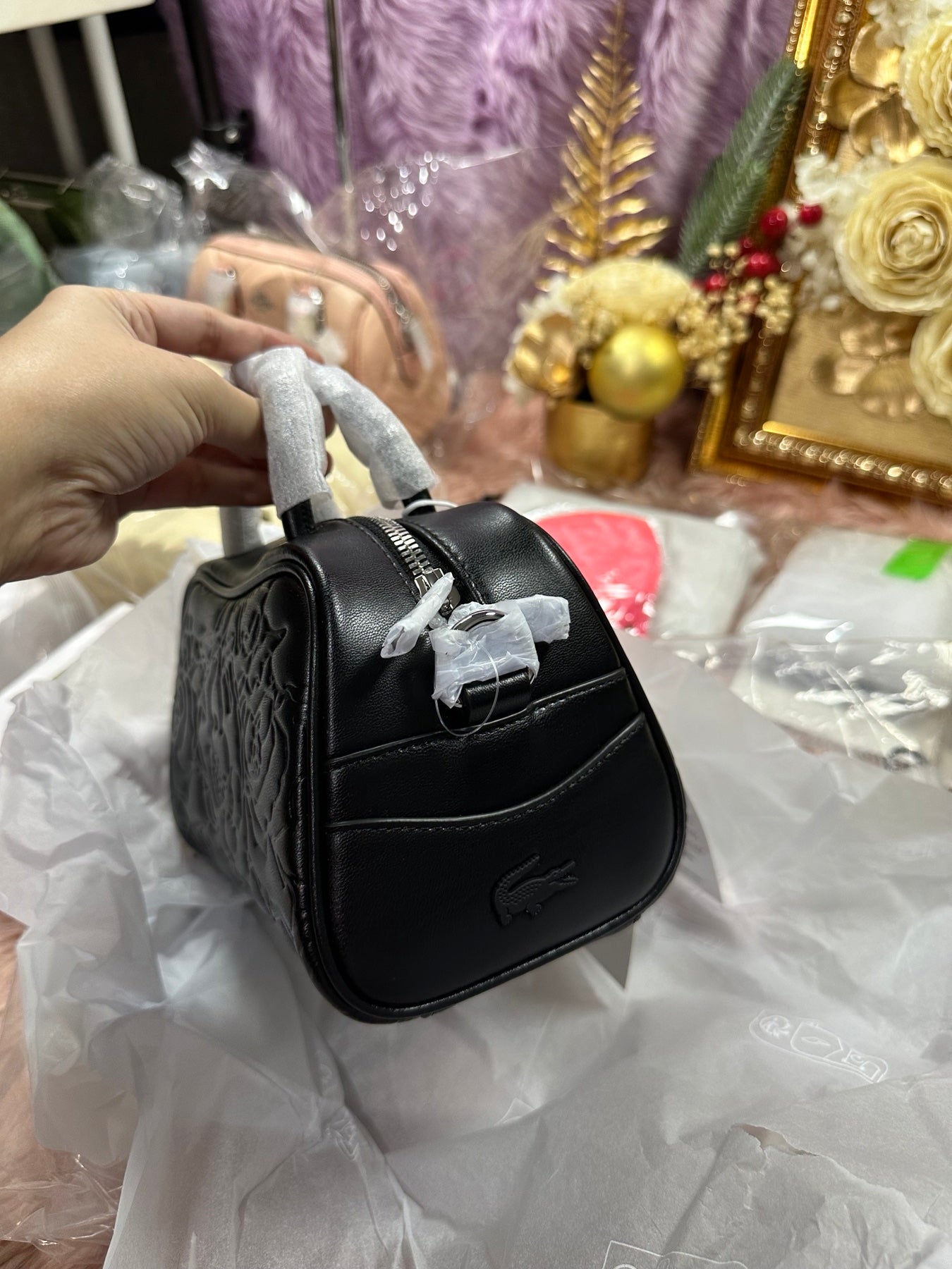 ORIG & IMPORTED LACOSTE Mini Lora Leather Bag Embossed Black