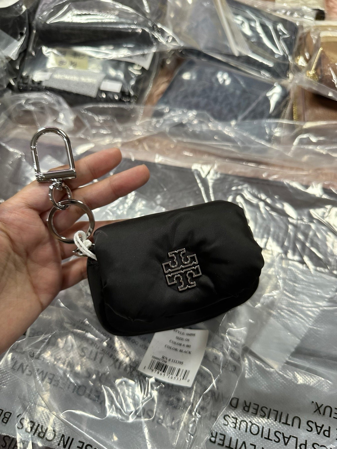 ORIG &IMPORTED Tory Burch Britten Nylon Puffy Card Case Mini Wallet Keychain Charm Black