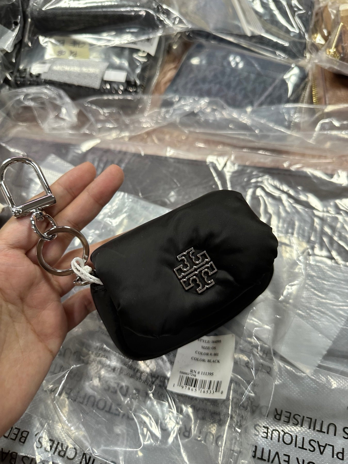 ORIG &IMPORTED Tory Burch Britten Nylon Puffy Card Case Mini Wallet Keychain Charm Black
