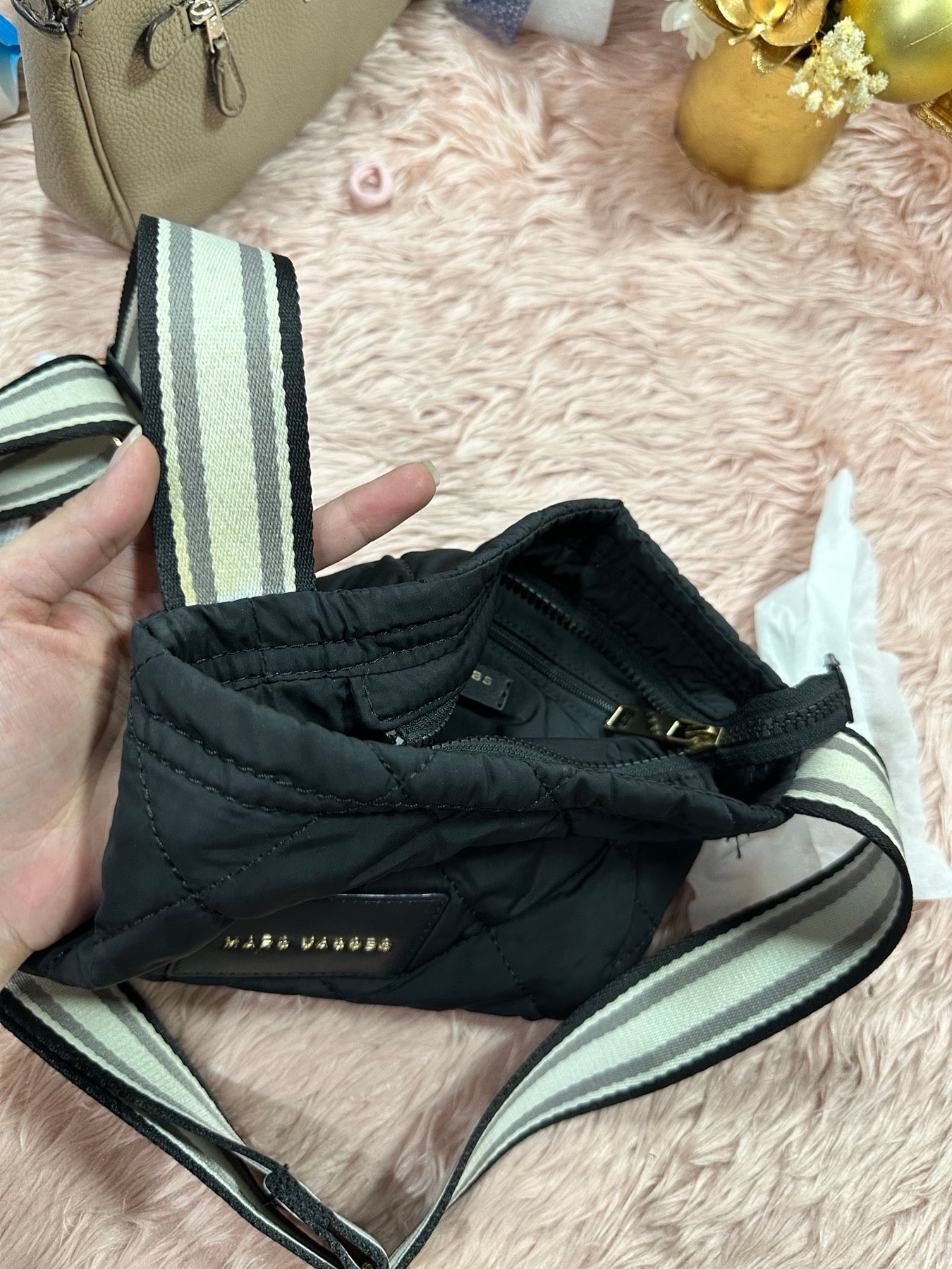 AUTHENTIC/ORIGINAL Preloved Marc Jacobs Quilted Fabric Messenger Nylon Crossbody Black Bag