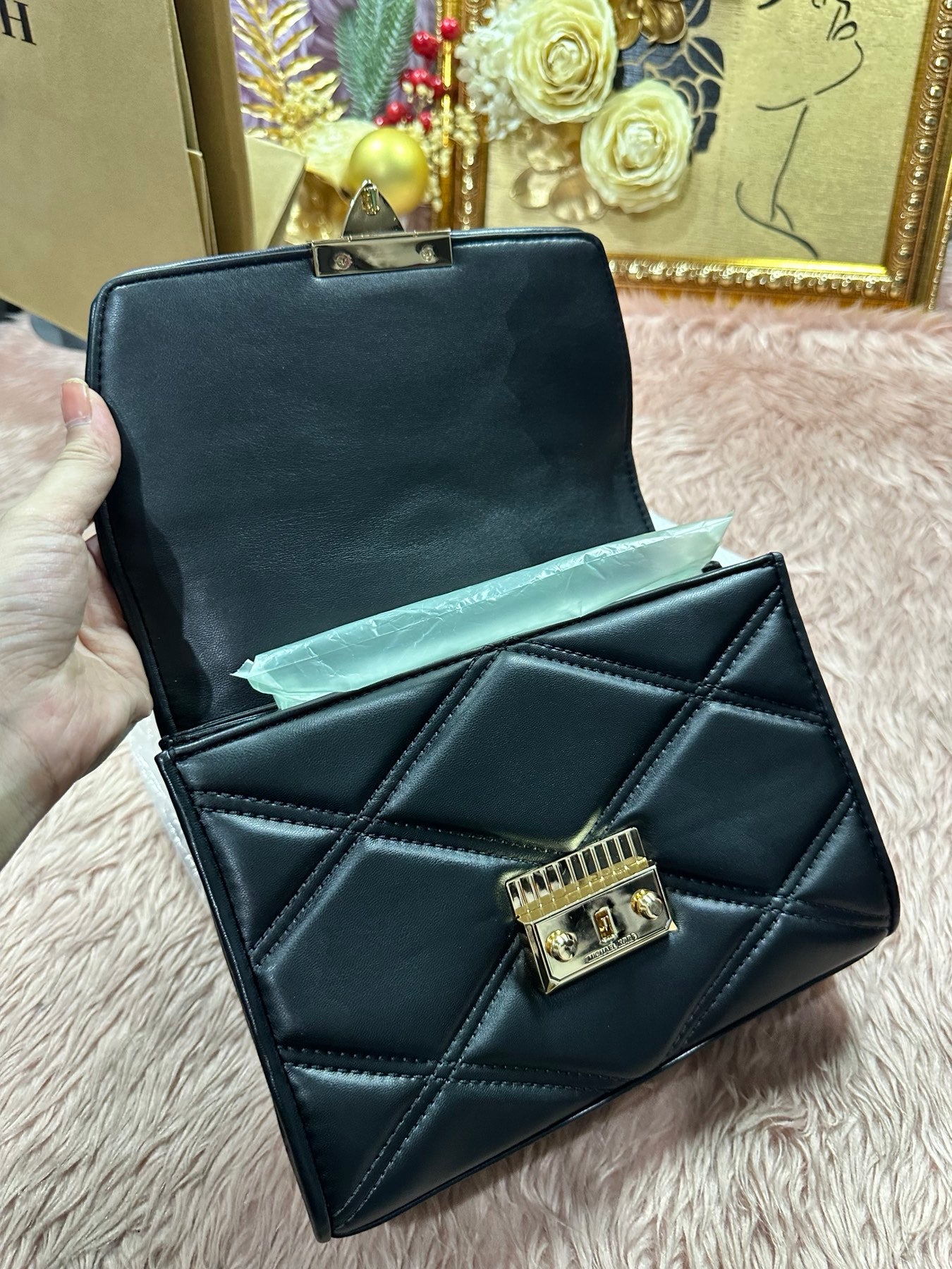 ORIG & IMPORTED MK Serena Medium Quilted Flap Shoulder Bag Black