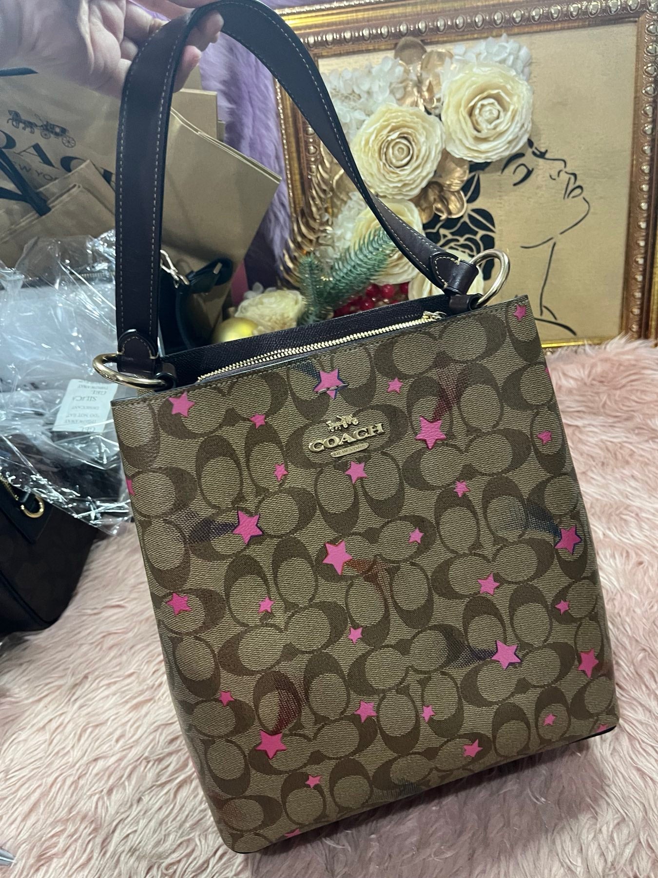ORIG Preloved COACH Town Bucket Bag In Signature Canvas With Star Print Brown Bag