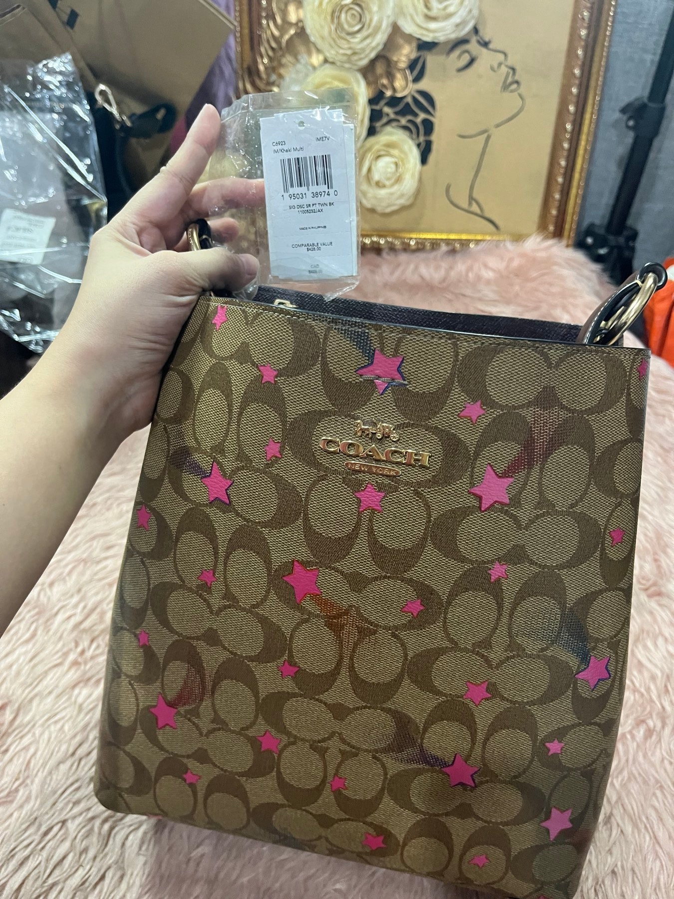 ORIG Preloved COACH Town Bucket Bag In Signature Canvas With Star Print Brown Bag