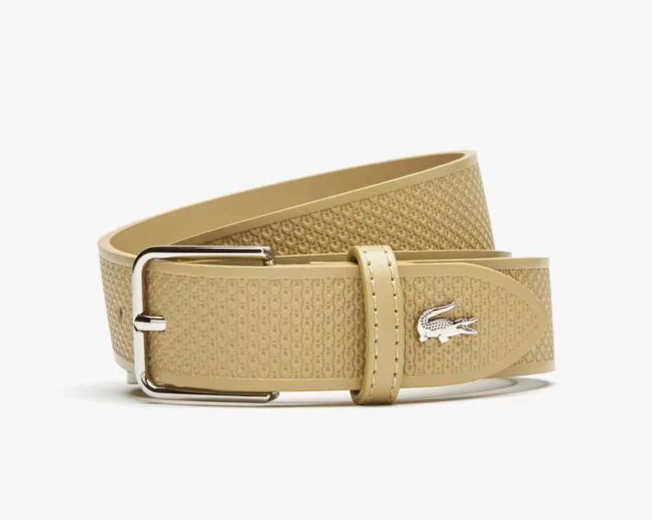 ORIG & IMPORTED LACOSTE Metal Crocodile Stitched Leather Belt Black / Beige