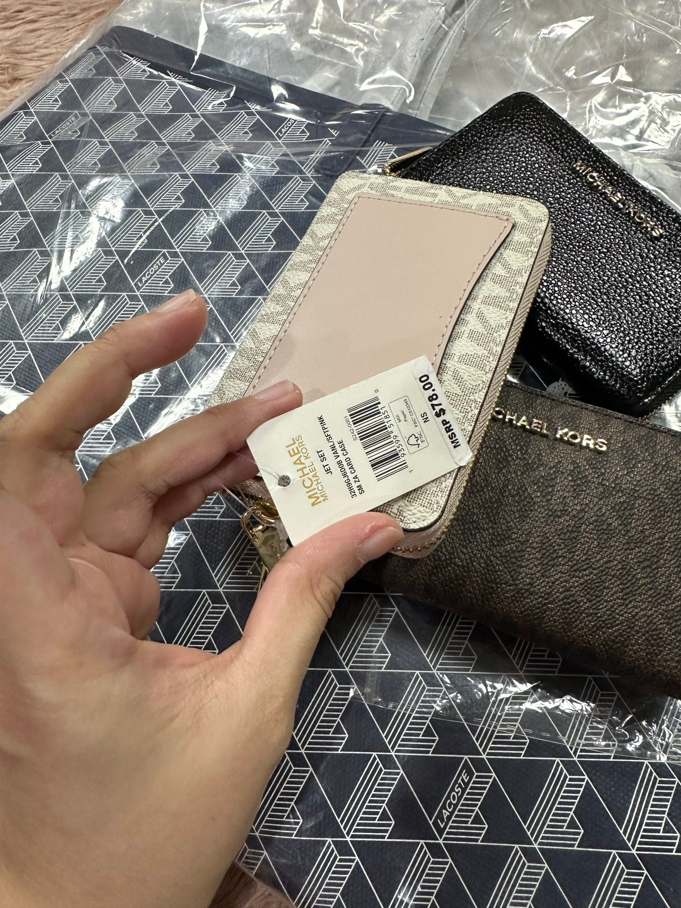ORIG & IMPORTED MK Small Semi Lux Zip Around Card Case Wallet Brown/White/Black