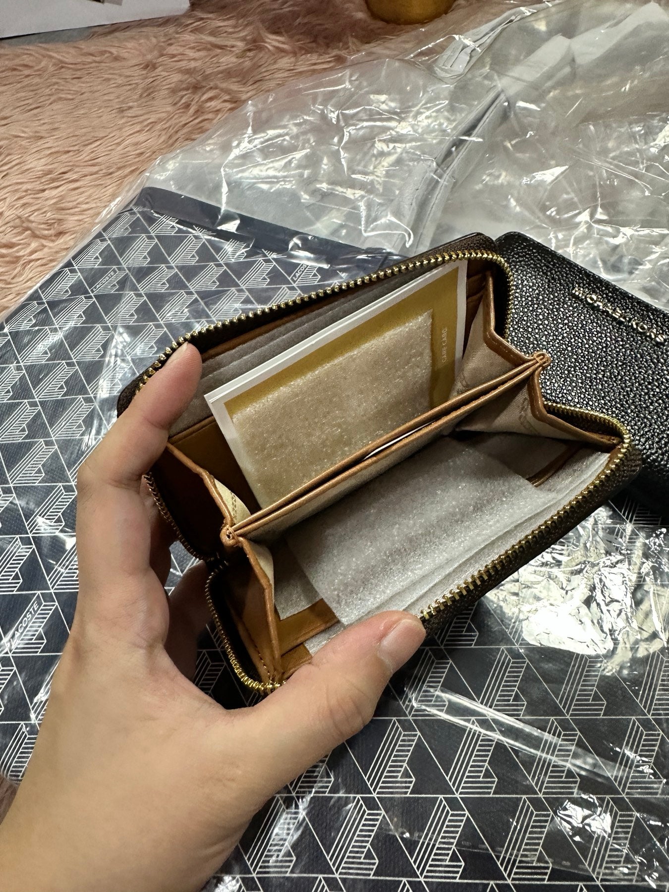 ORIG & IMPORTED MK Small Semi Lux Zip Around Card Case Wallet Brown/White/Black