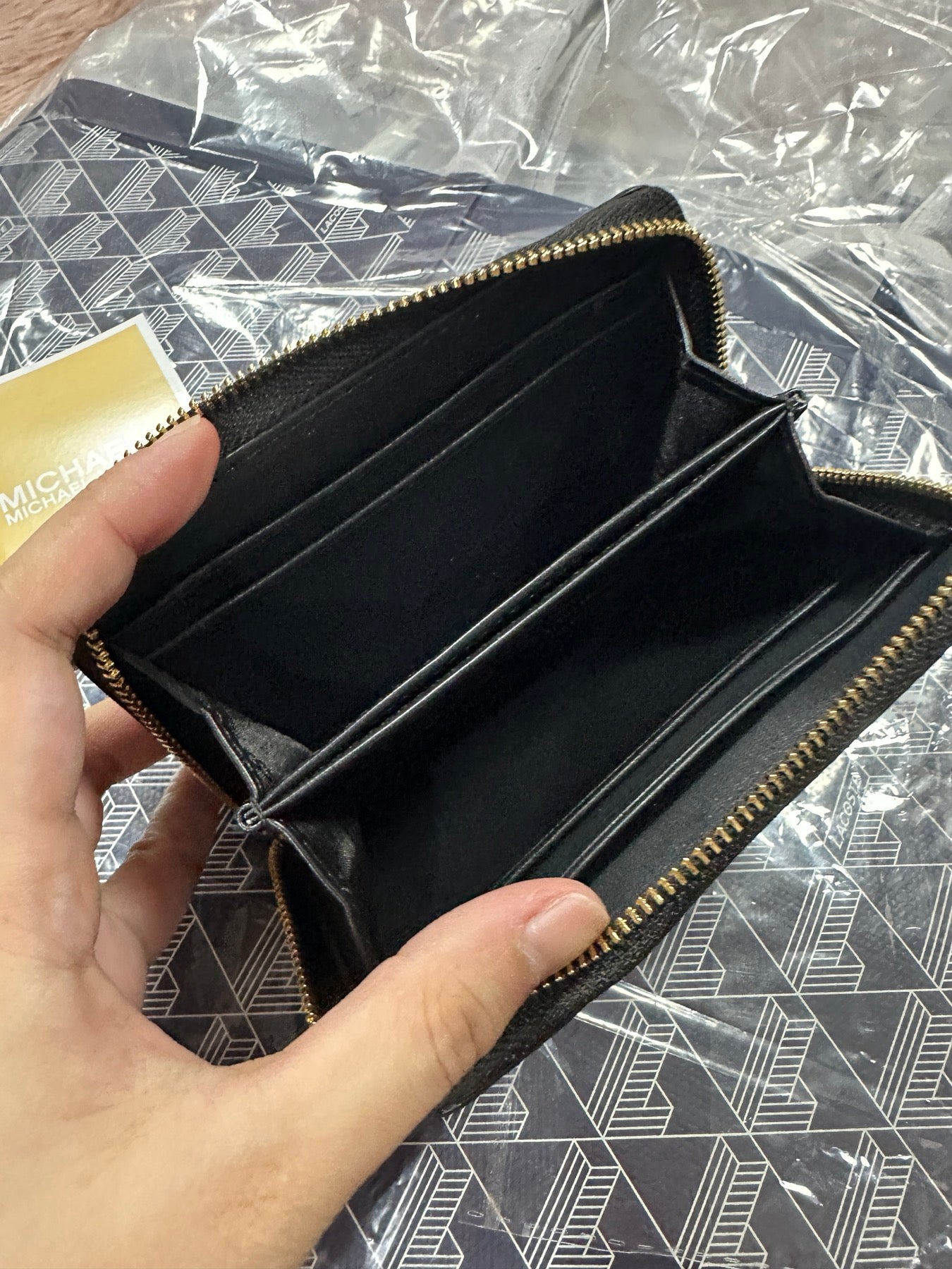 ORIG & IMPORTED MK Small Semi Lux Zip Around Card Case Wallet Brown/White/Black