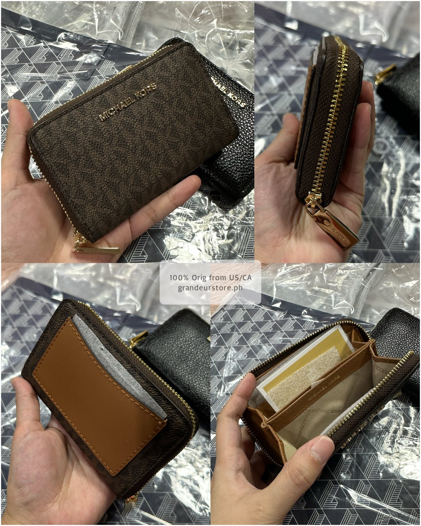 ORIG & IMPORTED MK Small Semi Lux Zip Around Card Case Wallet Brown/White/Black