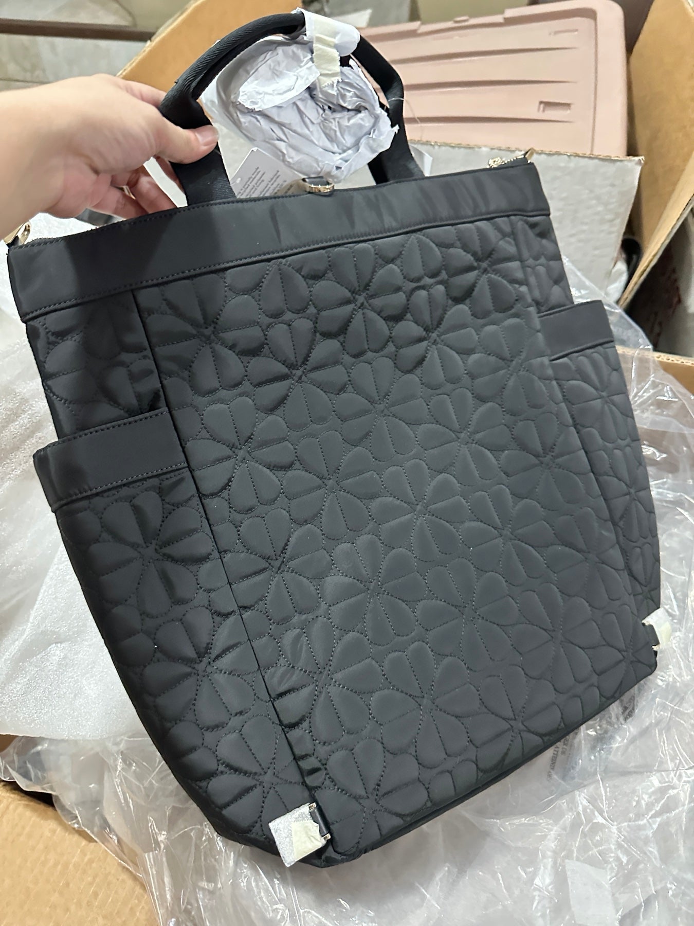 ORIG & IMPORTED KS Spade Flower Quilted Fabric Convertible Large Backpack Bag Pink/Black