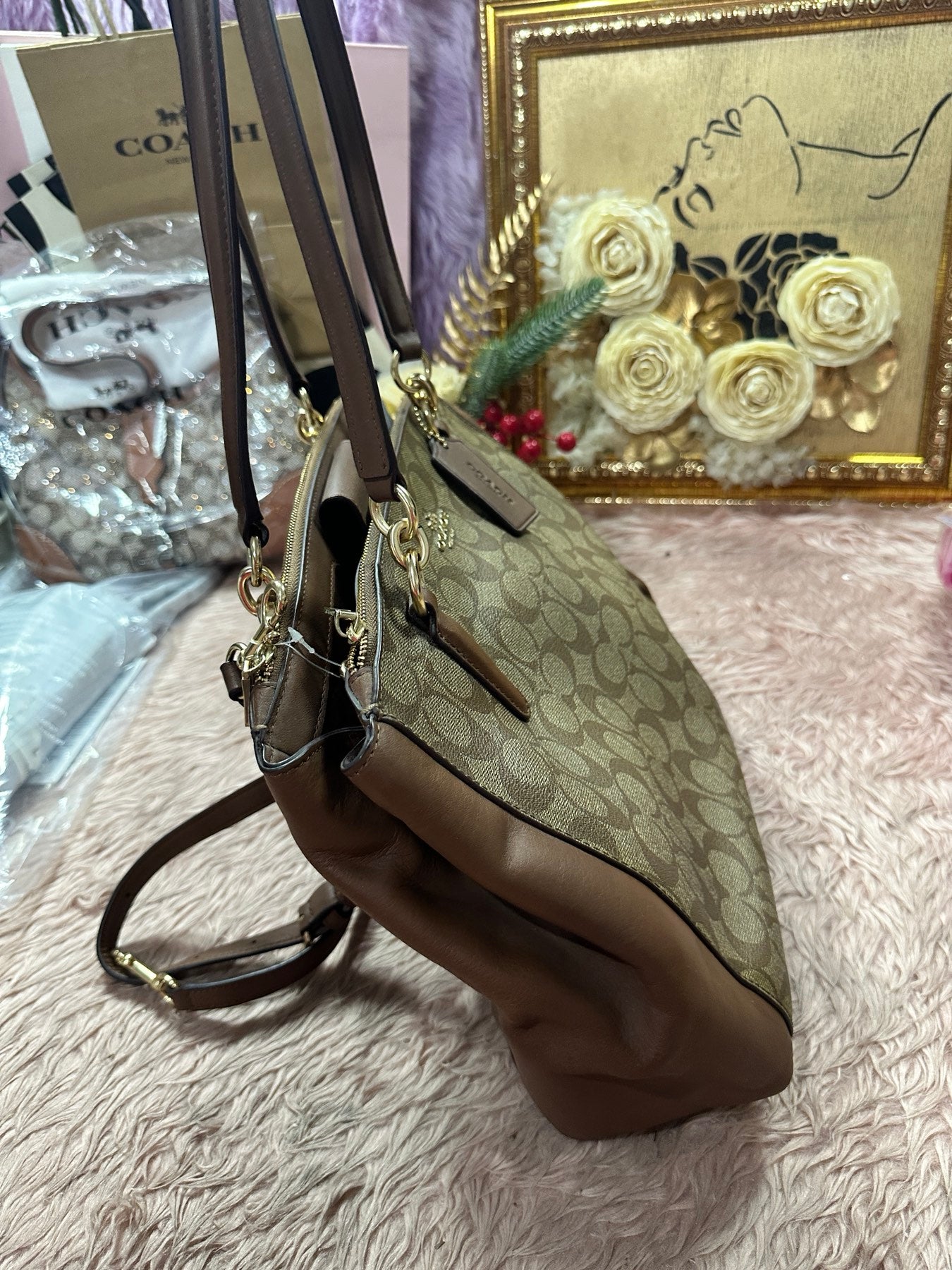 ORIG Preloved COACH CHRISTIE CARRYALL KHAKI LARGE TOTE SATCHEL BROWN BAG