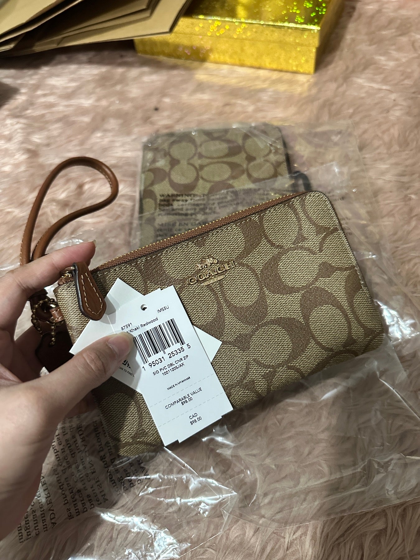 ORIG & IMPORTED COACH Boxed Skinny Id Case And Picture Bag Charm Set In Signature Canvas Brown/Red