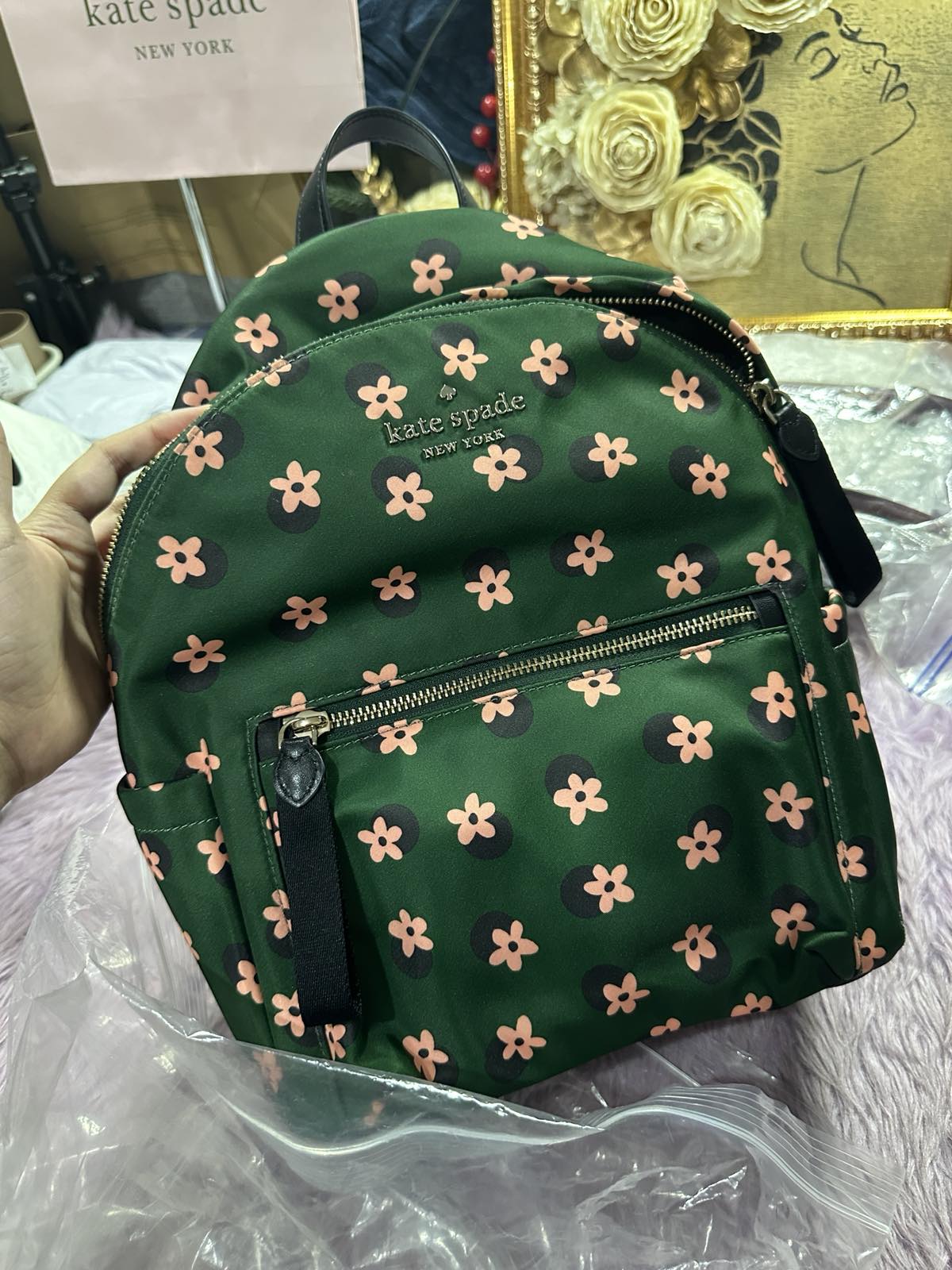 ORIG Preloved KateSpade Chelsea Nylon Green Floral Medium Bag