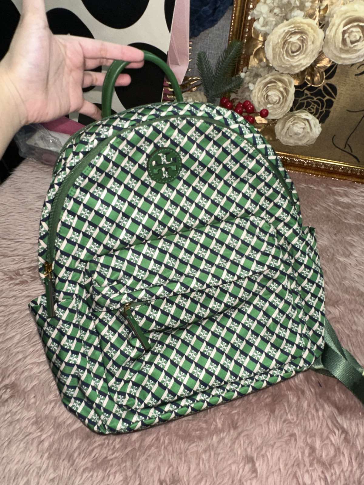 ORIG Preloved RARE Tory Burch TB Ella Nylon Medium Backpack in a Green Geometric Print