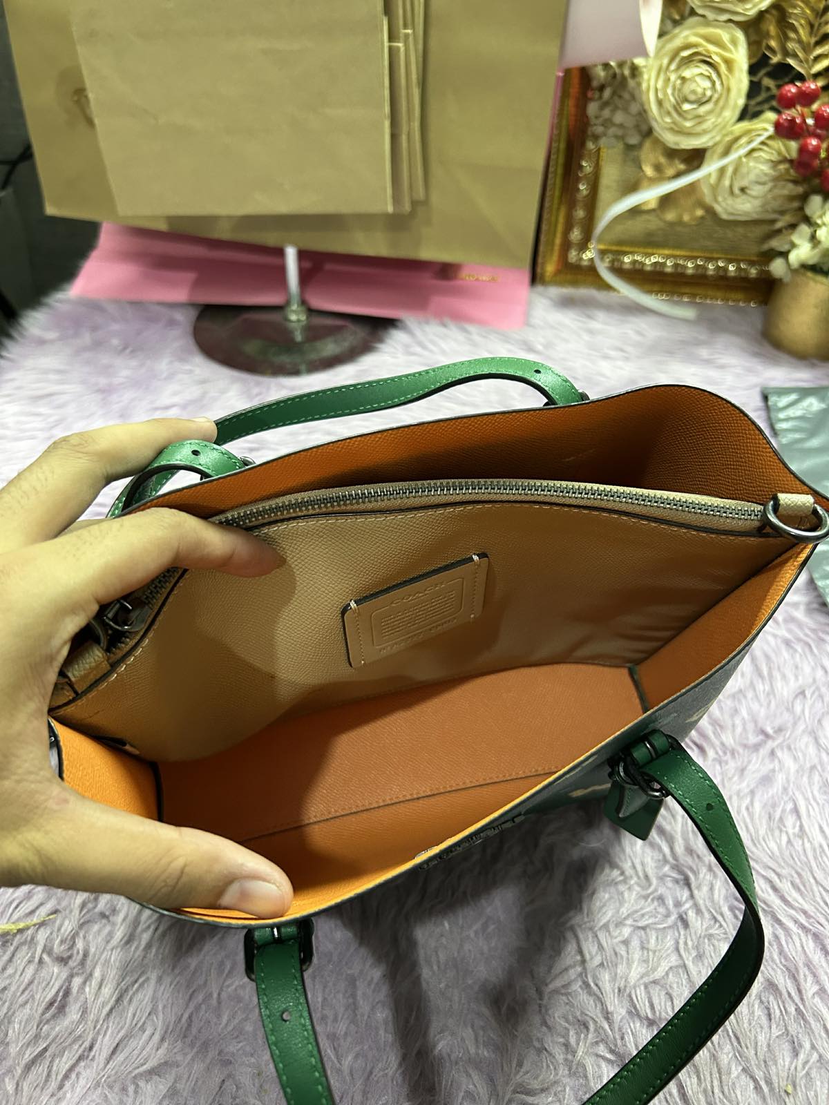 ORIG Preloved Coach Mollie Medium Tote Tote 25 With Mystical Floral Print Green